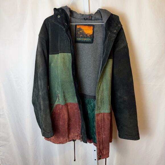 Outbrook VTG Y2K Suede Leather Colorblock Hooded Jacket Women’s L Green Rust - Picture 5 of 8